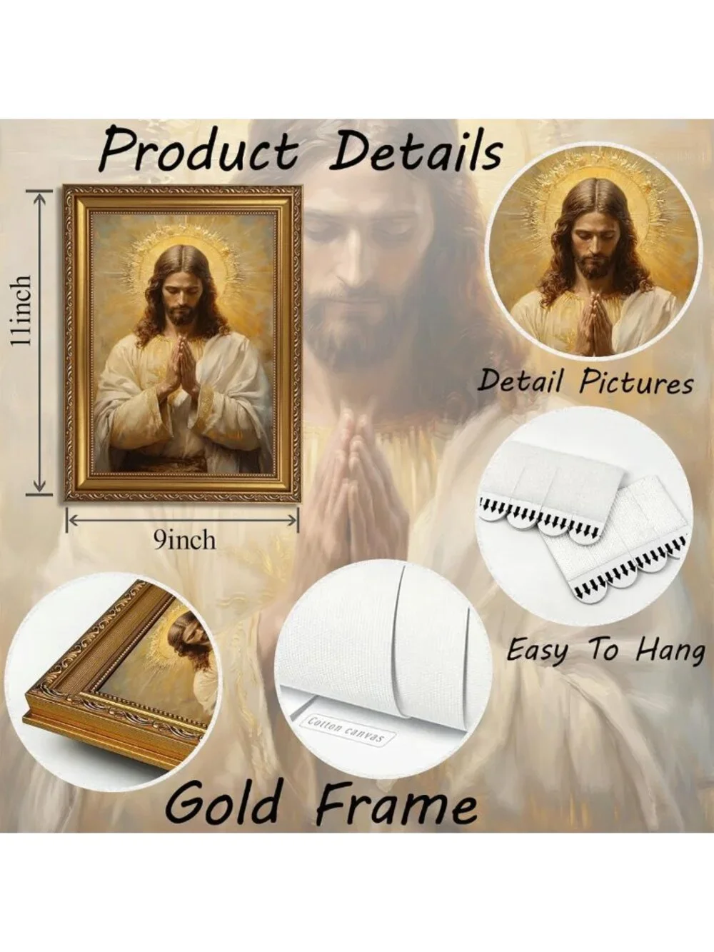 Vintage Jesus Christ Praying Wall Art - Gold Framed Christian Oil Print, 9x11